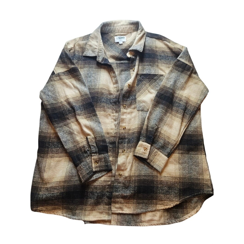 Ci Sono Plaid Collection Flannel Shirt Tan Brown Black Button Down Large PTP121